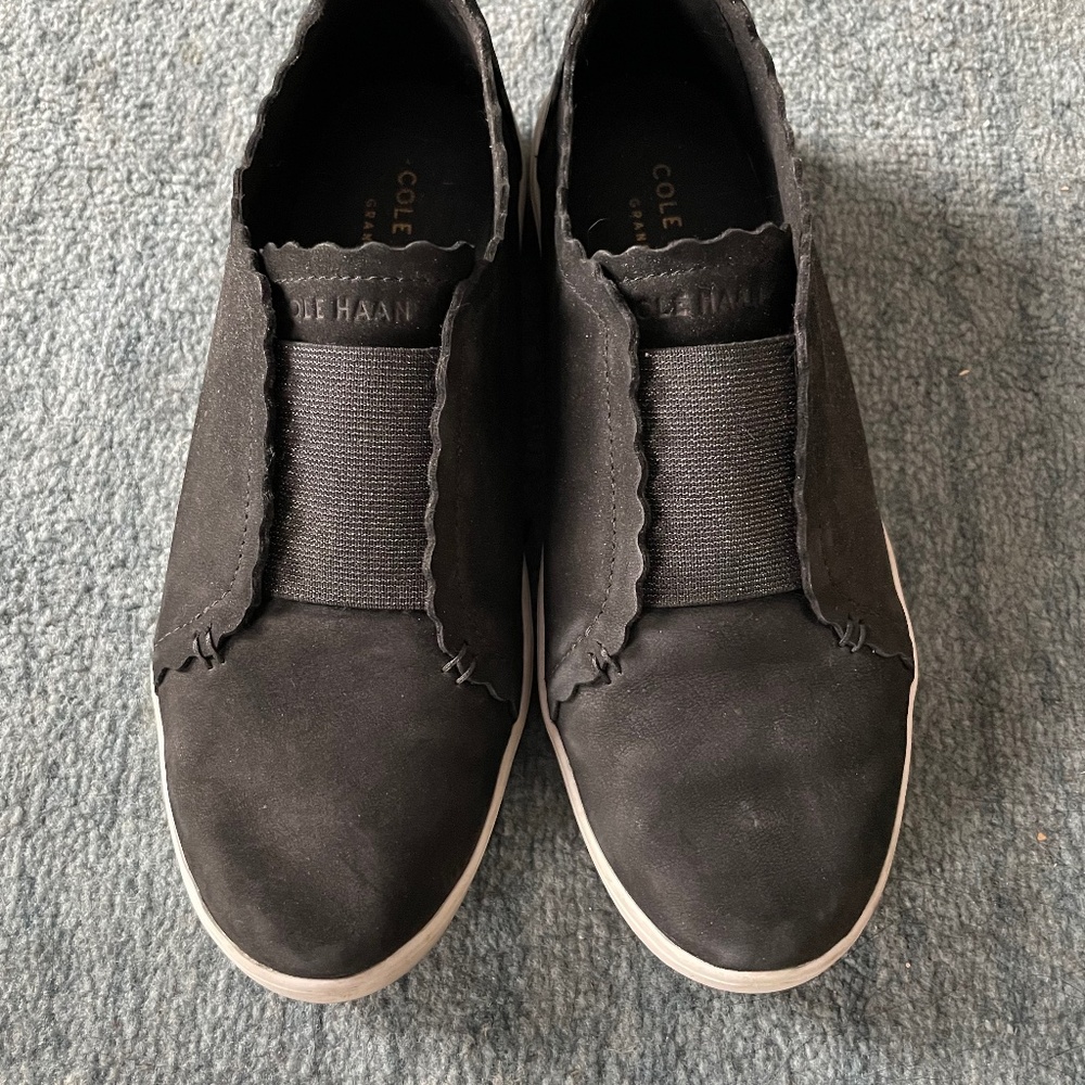 Cole Haan comfy black suede scalloped slip ons